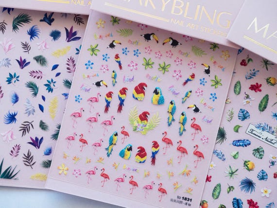 Tropical Bird Nail Stickers, Flamingo Parrot Toucan Decals, Summer Jungle Nail Art (Sheet)