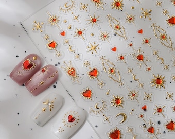 Naklejki na paznokcie w kształcie turkusowych gwiazd i księżyców – Niebiańskie naklejki na paznokcie | Mityczny totemowy półksiężyc