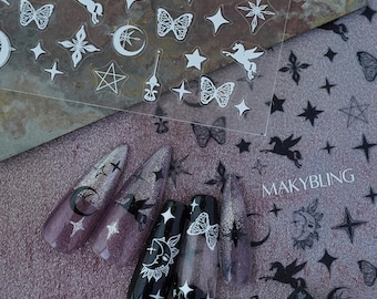 Unicorn Butterfly Nail Stickers: Black & White Fairy Tale Decals