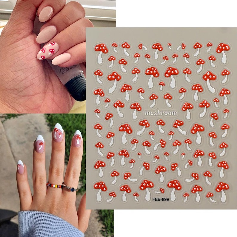 May include: A sheet of nail art stickers featuring red and white mushroom designs. The word "mushroom" is printed on the sheet. The image also shows manicured nails with mushroom designs.