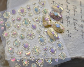 Iridescent Opal Nail Stickers: Gold Baroque Gemstone 3D Art