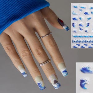 Blue Ocean Wave Nail Sticker/ Spirit of Ukiyo-e Stunning Japanese Famous Artwork The Great Wave off Kanagawa 3D Embossed Nails Supply