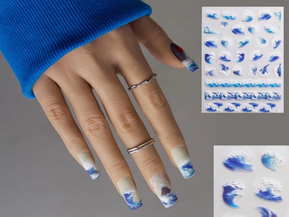 Blue Ocean Wave Nail Stickers: 3D Japanese Art