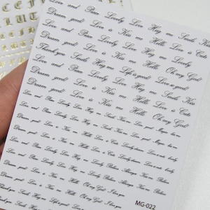 Adesivo de unha dourado com caligrafia/adesivo de unha com tema de escrita artística e decalque de letras em preto e branco