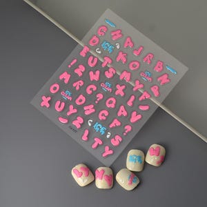 Pegatinas para uñas con letras 3D rosas y esponjosas – Alfabeto con cúpula en relieve Y2K / Pegatinas kawaii con relieve para uñas