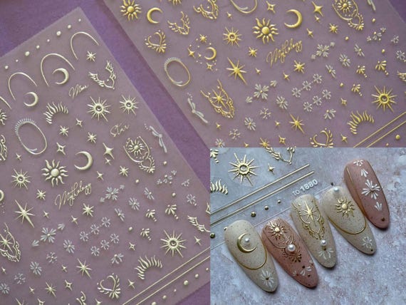 Gilding Crescent Moon Sun Star Nail sticker/ Gold Silver 3D embossed Spiritual Nails Art Stickers