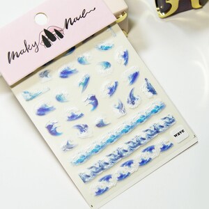 Blue Ocean Wave Nail Sticker/ Spirit of Ukiyo-e Stunning Japanese Famous Artwork The Great Wave off Kanagawa 3D Embossed Nails Supply