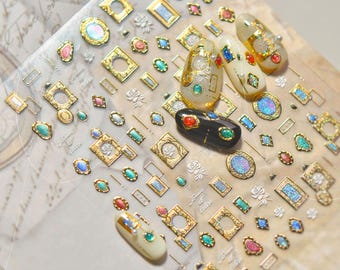 Antiek gouden nagelstickers • Bloemenstickers edelsteenlijst • 3D-reliëf DIY-manicure