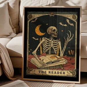 Der Leser Tarot Kunstdruck, Skeleton Reader Tarot Karte Wand Kunst, Buch Liebhaber Geschenk, Witchy Lese Nook Art, Bookish Witchy Bibliothek Decor
