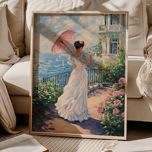 Monet Kobieta z Martini Wall Art, Różowy Dziewczęcy Wydruk, Zmieniony Obraz Olejny, Plakat Koktajlowy Coquette, Dziwaczna Sztuka Alkoholowa, Wystrój Wózka Barowego Vintage
