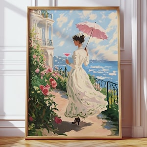 モネのマティーニを持つ女性のプリント、ピンクのガーリーなウォールアート、油絵の修正、コケットカクテルのポスター、風変わりなアルコールアート、気まぐれなバーカートの装飾