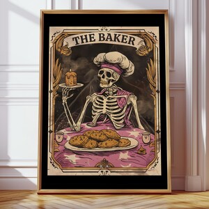 Arte de parede de confeitaria, pôster de esqueleto culinário, arte de parede de carta de tarô, presente para confeiteiros, impressões de arte culinária, impressão engraçada de cozinha, impressões de confeitaria para amantes de bolos
