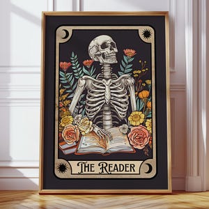 Der Leser Tarot Kunstdruck, Skelett Leser Tarot Karte Wandkunst, Buch Liebhaber Geschenk, Dark Academia Leseecke Art, Bücherwurm Witchy Bibliothek Dekor
