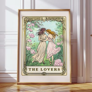 Lesbische Wandkunst, The Lovers Tarot-Karte, Sapphic Poster, Bisexuell Wohnheim Dekor, subtiler Stolz Kunstdruck Queer Paar Jahrestagsgeschenk