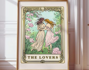 Lesbian Wall Art, The Lovers Tarot Card, Sapphic Poster, Bisexual Dorm Decor, Subtle Pride Art Print Queer Couple Anniversary Gift