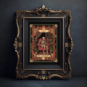 The Homebody-tarotkaartprint, The Homebody Club-kunst, spookachtige print, woonkamerprint schattig skeletprint Leuke spookachtige print tarotkaartkunst aan de muur