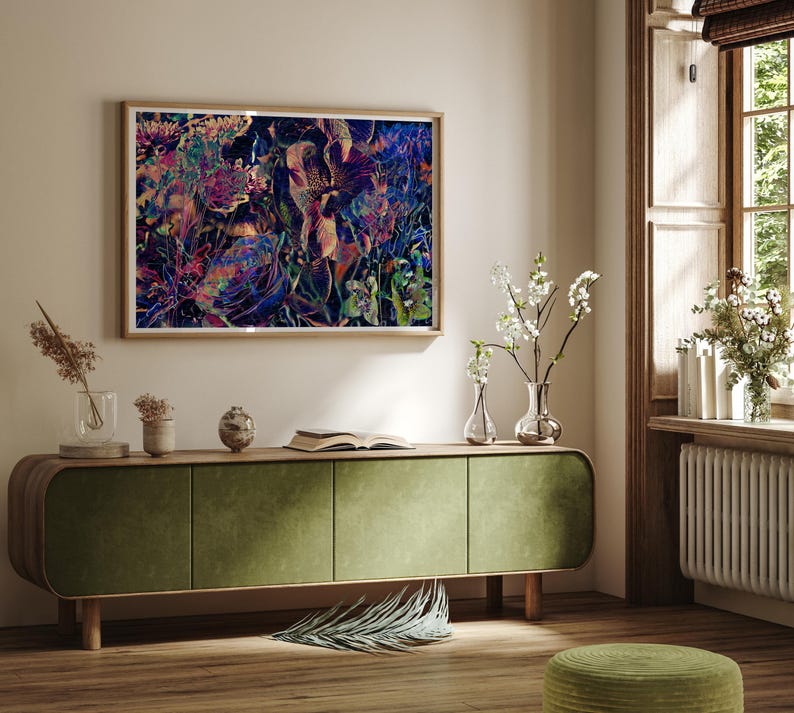 Eclectic Pink Floral Painting, Dark Botanical Print, Navy Blue Artwork