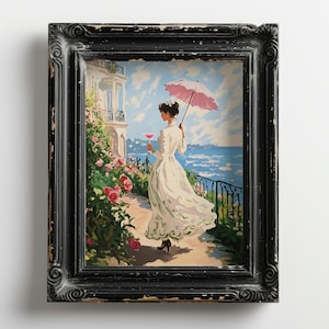 モネのマティーニを持つ女性のプリント、ピンクのガーリーなウォールアート、油絵の修正、コケットカクテルのポスター、風変わりなアルコールアート、気まぐれなバーカートの装飾