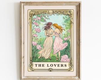 Lesbian Wall Art, The Lovers Tarot Card, Sapphic Poster, Bisexual Dorm Decor, Subtle Pride Art Print Queer Couple Anniversary Gift