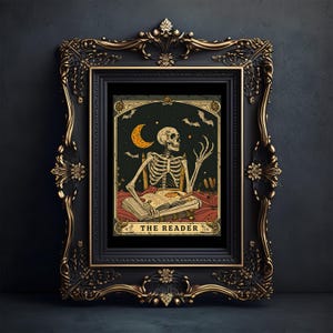 Der Leser Tarot Kunstdruck, Skeleton Reader Tarot Karte Wand Kunst, Buch Liebhaber Geschenk, Witchy Lese Nook Art, Bookish Witchy Bibliothek Decor