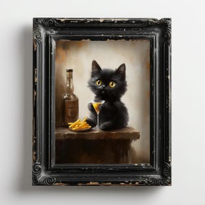 マティーニを持つ黒猫のアートプリント、アルコール装飾、猫の油絵、子猫のアート、面白いキッチンアートポスター、猫好きへのギフト、カクテルアート