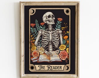 The Reader Tarot Art Print,Skeleton Reader Tarot Card Wall Art, Book Lover Gift, Dark Academia Reading Nook Art,Bookish Witchy Library Decor