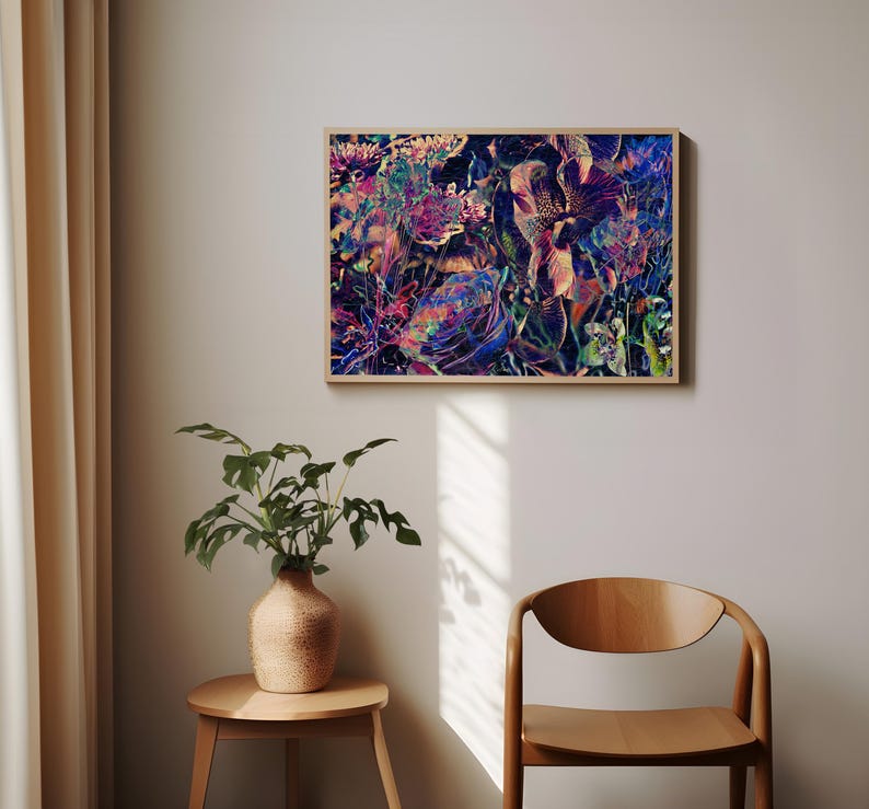 Eclectic Pink Floral Painting, Dark Botanical Print, Navy Blue Artwork