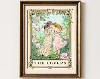 Lesbian Wall Art, The Lovers Tarot Card, Sapphic Poster, Bisexual Dorm Decor, Subtle Pride Art Print Queer Couple Anniversary Gift