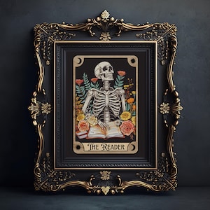 Der Leser Tarot Kunstdruck, Skelett Leser Tarot Karte Wandkunst, Buch Liebhaber Geschenk, Dark Academia Leseecke Art, Bücherwurm Witchy Bibliothek Dekor