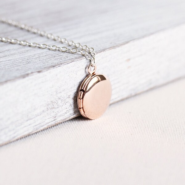 Rose Gold Locket Necklace - Small Rose Gold Plated Round Locket with Sterling Silver Chain, Two Tone Necklace, Simple Jewelry