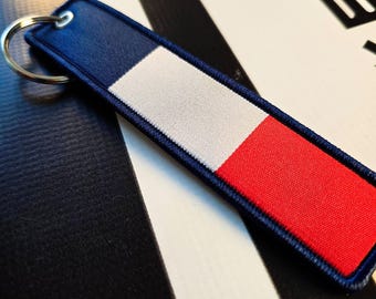 French Flag Flight Tag, France Keyring Jet Tag, Fabric Motorcycle Keychain, Euro Hot Hatch Key Fob, Biker Gift Fob Accessory