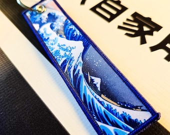 JDM Flight Tag Keychain, Motorcycle Jet Tag Keyring, Japanese Art Key Tag, Biker Enthusiast Gift, Drift Car Accessories, Great Wave Kanagawa