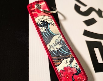 JDM Flight Tag Keychain, Motorcycle Jet Tag Keyring, Japanese Art Key Tag, Biker Enthusiast Gift, Drift Car Accessories, Great Wave Kanagawa