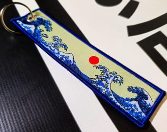 JDM Flight Tag Keychain, Motorcycle Jet Tag Keyring, Japanese Art Key Tag, Biker Enthusiast Gift, Drift Car Accessories, Great Wave Kanagawa