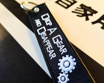 Drop a Gear Disappear, Motorcycle Flight Keyring, Fabric Biker Jet Tag, Funny Motorbike Keychain, Performance Car Key Fob Gift