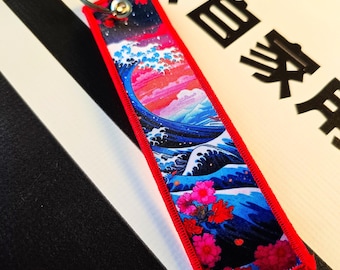 JDM Flight Tag Keychain, Motorcycle Jet Tag Keyring, Japanese Art Key Tag, Biker Enthusiast Gift, Drift Car Accessories, Great Wave Kanagawa