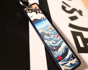 JDM Flight Tag Keychain, Motorcycle Jet Tag Keyring, Japanese Art Key Tag, Biker Enthusiast Gift, Drift Car Accessories, Great Wave Kanagawa