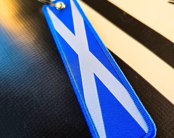 Scotland Flag Keyring, Scottish Saltire Flight Tag, Fabric Motorcycle Keychain, Euro Car Jet Tag Wrist Strap, Biker Key Fob Accessory Gift