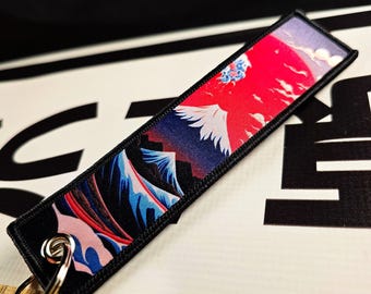 JDM Flight Tag Keychain, Japanese Art Motorcycle Jet Keyring, Classic Drift Car Accessories, Rising Sun Mount Fuji, Biker Gift Great wave