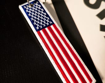 American Flag Flight Tag, USA Patriotic Keychain, Motorcycle Jet Tag Keyring, Cruiser Biker Gift for Men, Ford Dodge Muscle Car Accessory