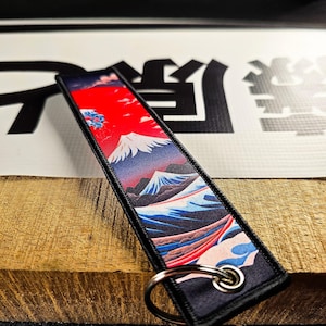 JDM Flight Tag Keychain, Japanese Art Motorcycle Jet Keyring, Classic Drift Car Accessories, Rising Sun Mount Fuji, Biker Gift Great wave image 4