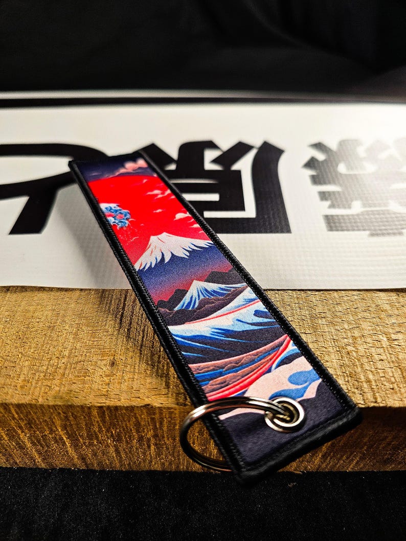 JDM Flight Tag Keychain, Japanese Art Motorcycle Jet Keyring, Classic Drift Car Accessories, Rising Sun Mount Fuji, Biker Gift Great wave image 4