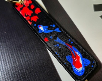 Japanese JDM Keychain, Woven Flight Tag Keyring, Motorcycle Jet Tag, Car Accessories, Gifts for Bikers, Sakura Koi Fish