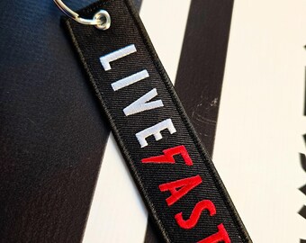 Live fast flight tag, Racing car keyring, Fabric Motorcycle Jet Tag, Drift ignition keychain, sportbike key fob accessory gift