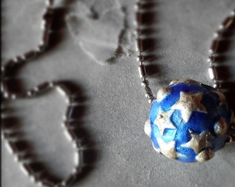 Star necklace celestial ball blue enameled silver on copper