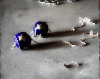 Star earrings celestial ball blue sterling silver thread hooks