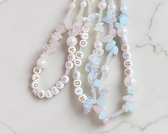 Personalised Crystal Phone Charm | Custom Initial Quartz Strap | Healing Gemstone Phone Accessory