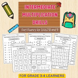 May include: A set of printable worksheets for intermediate multiplication practice. The worksheets include focused drills, mixed drills, and time drills for multiplication facts for numbers 3, 4, 6, 7, 8, and 9. There is also a fun activity page with a crack the code multiplication challenge.