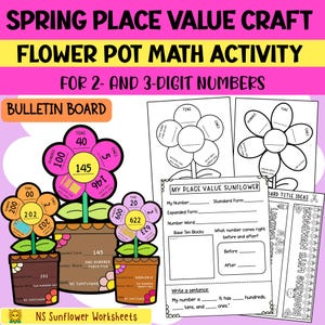 Puede incluir: Una hoja de trabajo imprimible para enseñar el valor posicional usando una maceta y una manualidad de girasol. La hoja de trabajo incluye una tabla de valor posicional, una palabra numérica y una oración para escribir sobre el número. La hoja de trabajo se titula "Mi girasol de valor posicional".