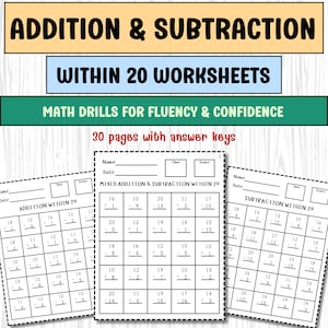 Addition & Subtraction to 20 | Vertical Math Practice Worksheets for Kindergarten and 1st Grade